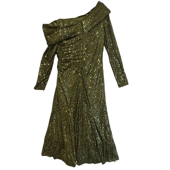 Mac Duggal Olive Green One Shoulder Sequin Long Sleeve Midi Dress SZ 12 NWT - Picture 5 of 13